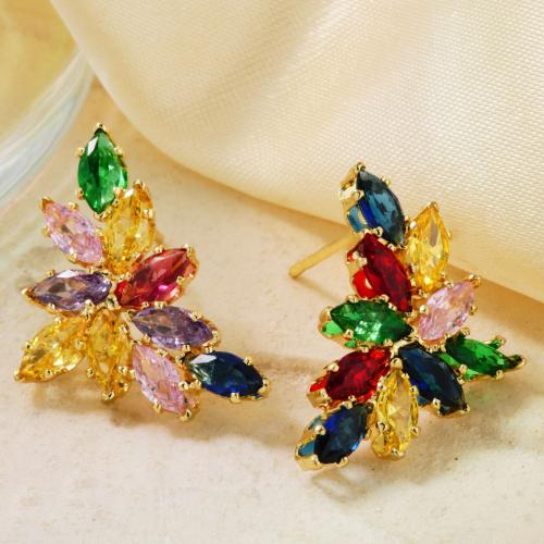 Brass Stud Earring with Cubic Zirconia Leaf fashion jewelry & for woman Sold By Pair