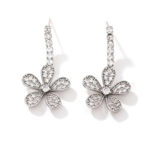 Boucles d'oreilles en laiton zircon cubique pavent, fleur, Placage, bijoux de mode & pavé de micro zircon & pour femme, argent, Vendu par paire