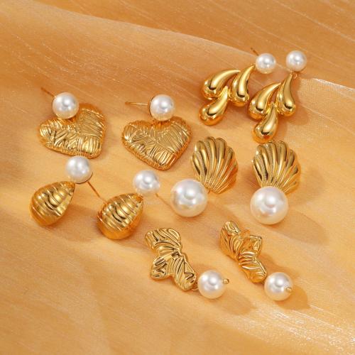 Roestvrij staal Stud Earrings, 304 roestvrij staal, met Plastic Pearl, plated, mode sieraden & verschillende stijlen voor de keuze & voor vrouw, gouden, Verkocht door pair