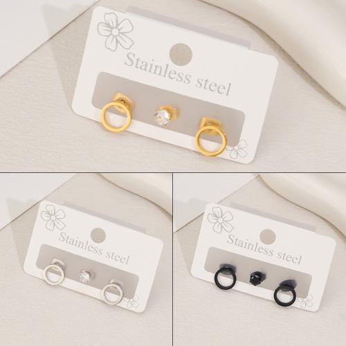 Stainless Steel Stud Earrings 304 Stainless Steel with Cubic Zirconia plated three pieces & for woman & hollow Sold By Set