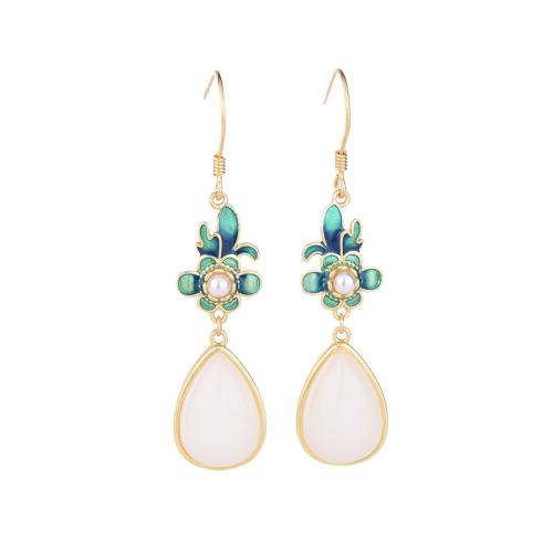 Brass Drop Earring with Jade & Plastic Pearl plated vintage & for woman & enamel golden 48mm Sold By Pair