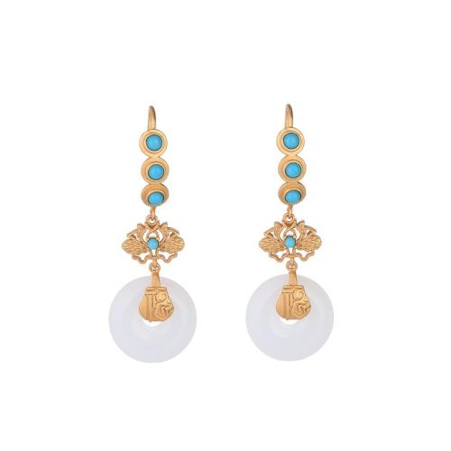 Brass Drop Earring with Jade & turquoise plated vintage & for woman golden 52mm Sold By Pair