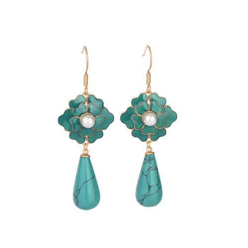 Boucles d'oreilles pendantes en laiton, avec turquoise synthétique & perle de plastique, Vintage & pour femme & émail, doré, 60mm, Vendu par paire