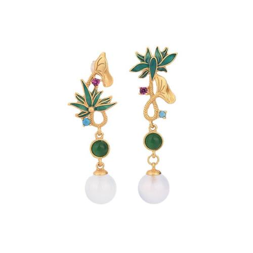 Brass Stud Earring with Jade vintage & for woman & enamel golden 37mm Sold By Pair