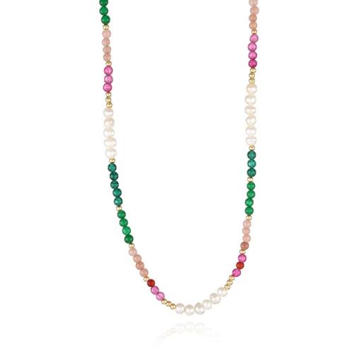 Colar de pérolas de plástico, Concha de resina, with misto de pedras semi-preciosas, with 5cm extender chain, feito à mão, joias de moda & para mulher, cores misturadas, comprimento Aprox 46 cm, vendido por PC