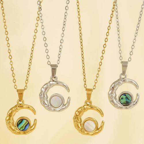 Stainless Steel Jewelry Necklace 304 Stainless Steel with White Shell & Abalone Shell Moon Vacuum Ion Plating fashion jewelry & for woman Sold By PC