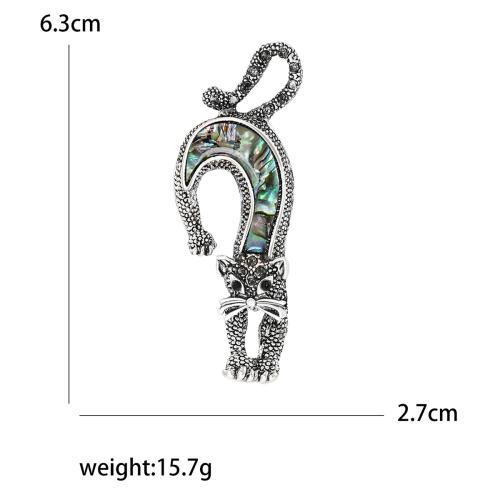 Zinc Alloy Brocher, med Abalone Shell, Cat, sølvfarvet forgyldt, for kvinde & med rhinestone, nikkel, bly & cadmium fri, 32x67mm, Solgt af PC