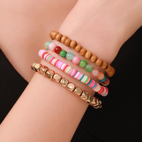 Pulseras de madera, Arcilla polimero, con madera, 4 piezas & para mujer, color mixto, Vendido por Set