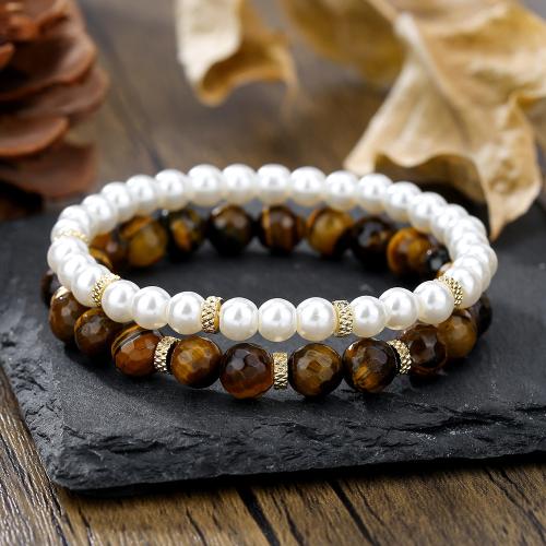 Prirodni Tiger Eye Narukvice, s Plastična Pearl, 2 komada & za žene, Prodano By PC