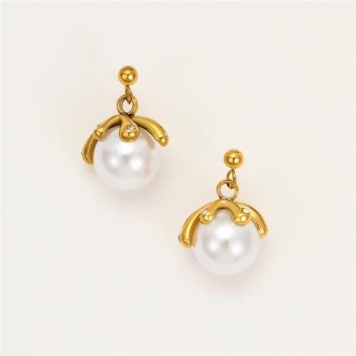 Stainless Steel Stud Earrings 304 Stainless Steel with Plastic Pearl petals 18K gold plated fashion jewelry & micro pave cubic zirconia & for woman Sold By Pair