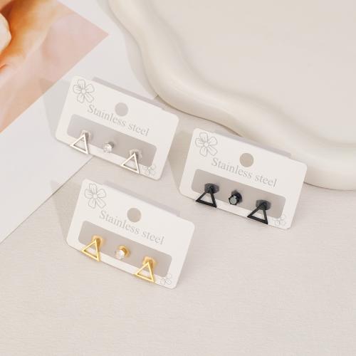 Stainless Steel Stud Earrings 304 Stainless Steel Triangle plated three pieces & micro pave cubic zirconia & for woman & hollow Sold By Set