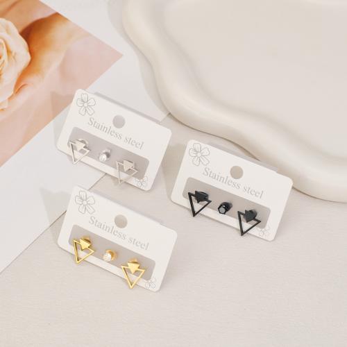 Stainless Steel Stud Earrings 304 Stainless Steel Triangle plated 3 pieces & micro pave cubic zirconia & for woman & hollow Sold By Set