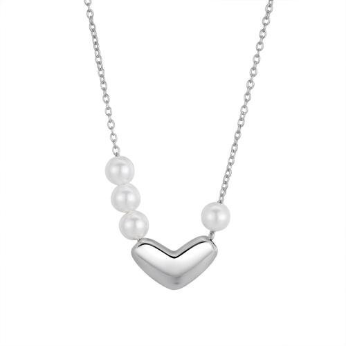 Collares de Plata Esterlina, plata de ley 925, con Perlas plásticas, Corazón, para mujer, color de platina, longitud aproximado 41-50 cm, Vendido por UD