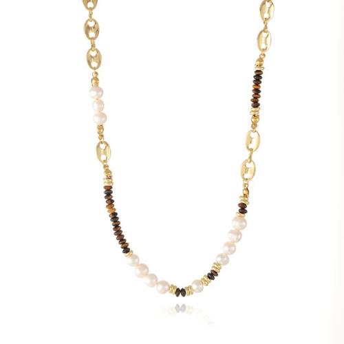 Freshwater Pearl Brass Chain Necklace, cobre, with Pérolas de água doce, Vintage & para mulher, dourado, comprimento Aprox 46 cm, vendido por PC