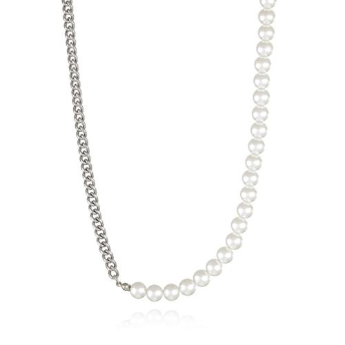 Stainless Steel Jewelry Necklace 304 Stainless Steel with Glass Pearl plated fashion jewelry & for woman white and black Length Approx 46 cm Sold By PC