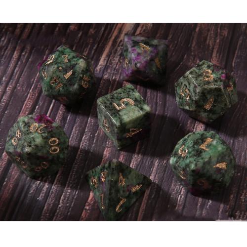 Dice for games Ruby in Zoisite Geometrical Pattern Carved Sold By PC