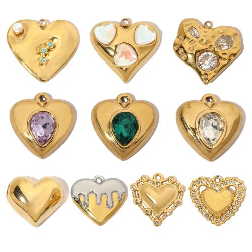 Stainless Steel Heart Pendants 304 Stainless Steel with Glass Rhinestone & ABS Plastic Pearl & Rhinestone Vacuum Ion Plating DIY Sold By Bag