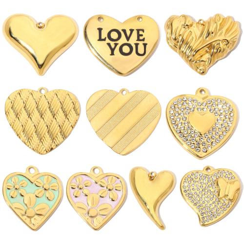 Stainless Steel Heart Pendants 304 Stainless Steel Vacuum Ion Plating DIY & enamel & with rhinestone Sold By Bag