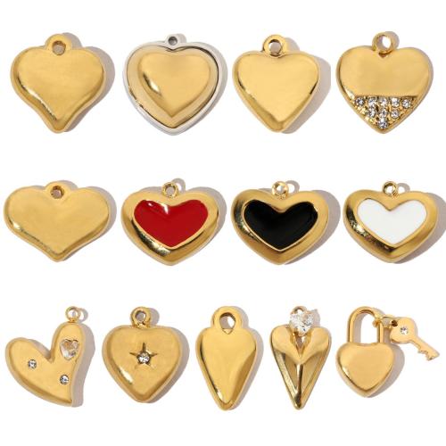 Stainless Steel Heart Pendants 304 Stainless Steel Vacuum Ion Plating DIY & enamel & with rhinestone Sold By Bag