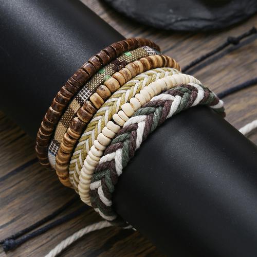 Wood Bracelets with Cotton Thread & Coconut 6 pieces & Unisex Sold By Set