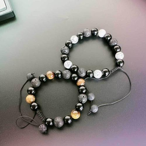 Gemstone Bracelets Lava with Howlite & Black Diamond & Tiger Eye Adjustable & Unisex Length 16 cm Sold By PC