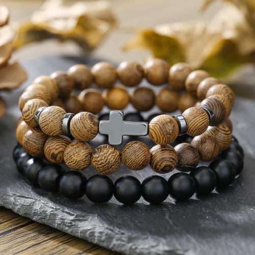 Wood Bracelets with Abrazine Stone three pieces & Unisex mixed colors Sold By Set