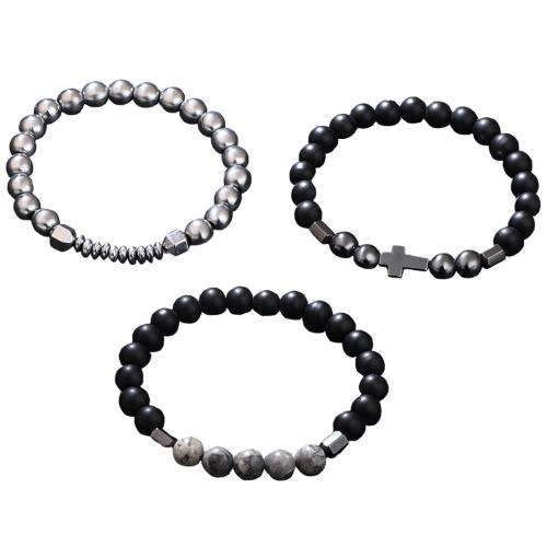 Gemstone Bracelets Hematite with Abrazine Stone & Elastic Thread & Map Stone three pieces & fashion jewelry & Unisex black Sold By Set