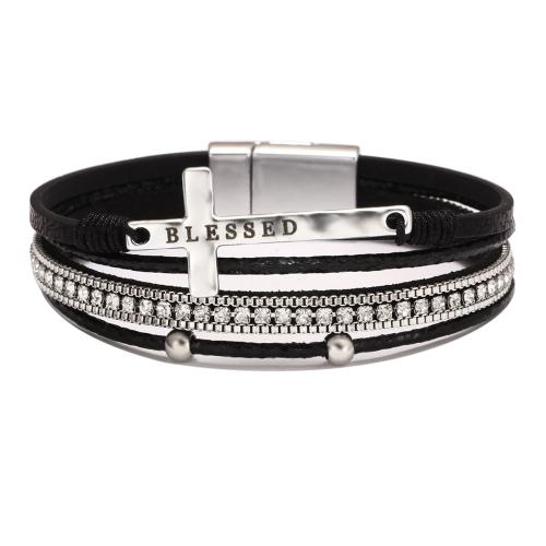 PU Cord Armbånd, Zinc Alloy, med PU, forgyldt, flerlags & Unisex & med rhinestone, flere farver til valg, wide:3cm., Længde Ca. 20 cm, Solgt af PC