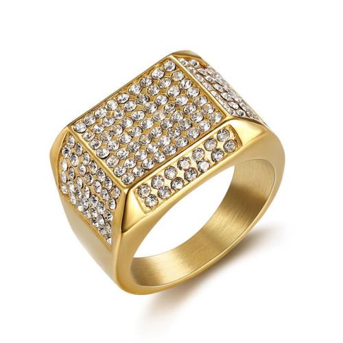 Anel de dedo de aço inoxidável de strass, Aço inoxidável 304, banhado, tamanho diferente para a escolha & para o homem & com strass, dourado, vendido por PC