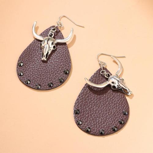 Zinc Alloy Drop Earrings PU Leather with Zinc Alloy plated fashion jewelry & for woman & with rhinestone Sold By Pair