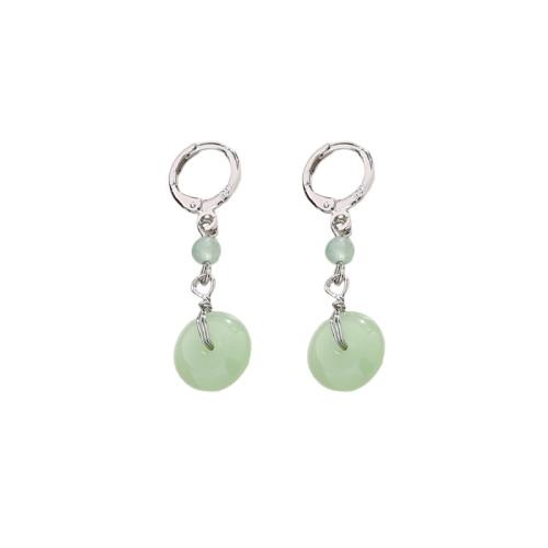 Huggie Hoop Drop Earring Brass plated Imitation Hetian Jade & for woman platinum color 40mm Sold By Pair