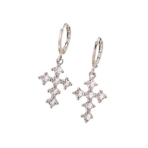 Kubik Zirkonium mikro bana Mässing Örhänge, Cross, plated, micro bana cubic zirconia & för kvinna, platina färg, 35mm, Säljs av Par