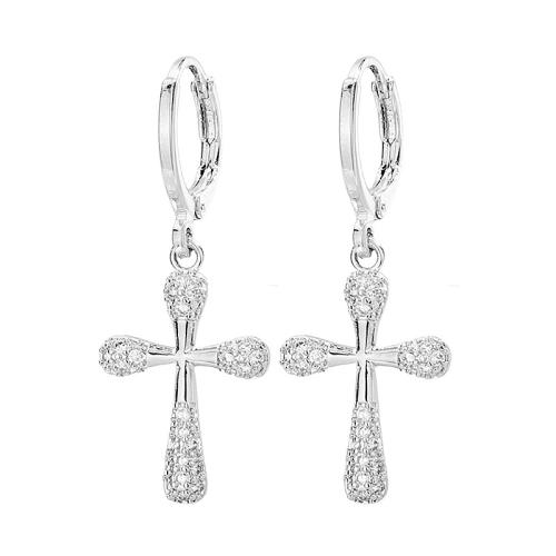 Cubic Zirconia Micro Pave Brass Earring Cross plated micro pave cubic zirconia & for woman platinum color 35mm Sold By Pair