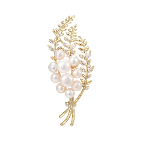 Freshwater Pearl Brosch, Mässing, med Freshwater Pearl, plated, micro bana cubic zirconia & för kvinna, gyllene, 65x28mm, Säljs av PC