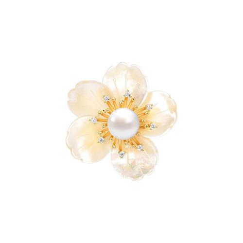 Shell Broche, Messing, met Schelp & Zoetwater Parel, plated, micro pave zirconia & voor vrouw, gouden, 31x31mm, Verkocht door PC