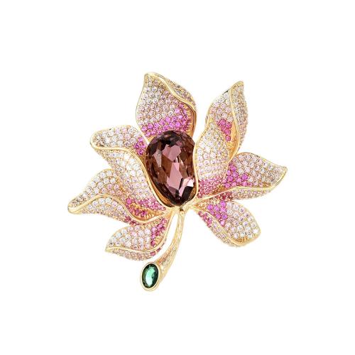 Crystal Brooch Brass with Austrian Crystal plated micro pave cubic zirconia & for woman golden Sold By PC