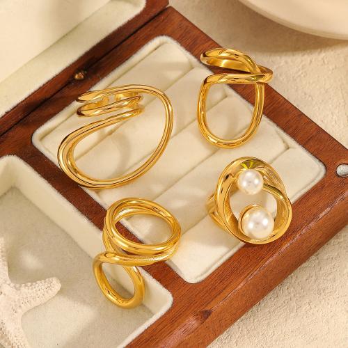 Stainless Steel Finger Ring 304 Stainless Steel with Plastic Pearl gold color plated & for woman Sold By PC