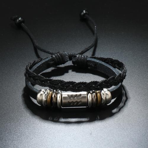 PU Leather Cord Bracelets with Wax Cord & Wood & Copper Coated Plastic & Zinc Alloy handmade Double Layer & Zodiac symbols jewelry & for man black Sold By PC