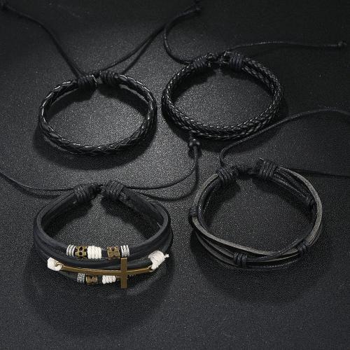 PU Leather Cord Bracelets with Wax Cord & Zinc Alloy handmade 4 pieces & fashion jewelry & Unisex Sold By Set