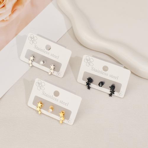 Stainless Steel Stud Earrings 304 Stainless Steel with Cubic Zirconia Star plated three pieces & fashion jewelry & Unisex Sold By Set