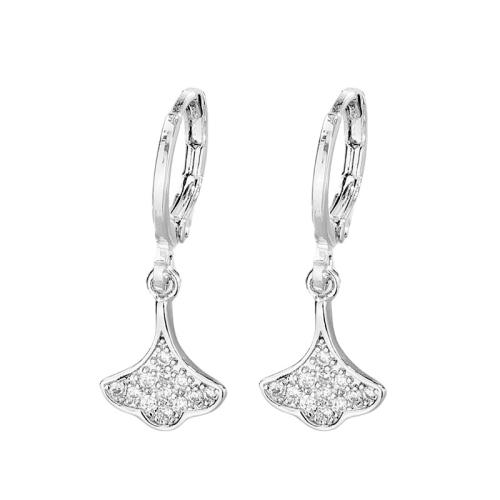 Cubic Zirconia Micro Pave Brass Earring Ginkgo Leaf plated micro pave cubic zirconia & for woman platinum color 22mm Sold By Pair