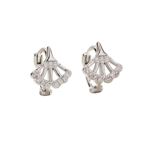 Boucles d'oreilles en laiton zircon cubique pavent, Ginkgo Feuille, Placage, pavé de micro zircon & pour femme, couleur platine, Leaves 9MM, inner diameter 8MM, Vendu par paire