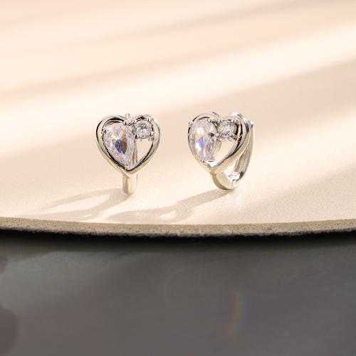 Cubic Zirconia Micro Pave Brass Earring Heart plated micro pave cubic zirconia & for woman platinum color Inner diameter about 8mm Sold By Pair