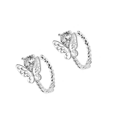 Boucles d'oreilles en laiton zircon cubique pavent, papillon, Placage, pavé de micro zircon & pour femme, couleur platine, 10x2mm, Vendu par paire