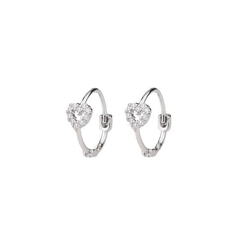 Boucles d'oreilles en laiton zircon cubique pavent, Placage, pavé de micro zircon & pour femme, couleur platine, Heart 5MM, diameter 11MM, Vendu par paire