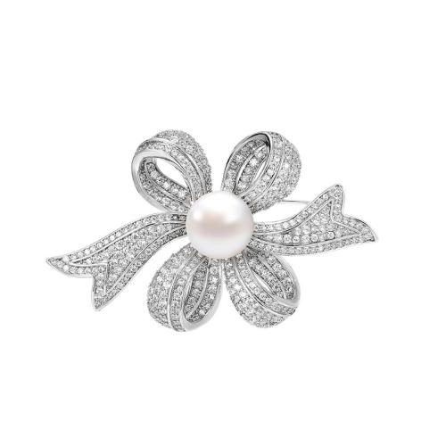 Gioielli spilla alla moda , ottone, with Shell Pearl, placcato, Micro spianare cubic zirconia & per la donna, argento, 35x58mm, Venduto da PC