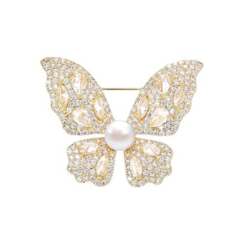 Freshwater Pearl Broche, Messing, med Ferskvandsperle, forgyldt, Micro Pave cubic zirconia & for kvinde, gylden, 40x32mm, Solgt af PC