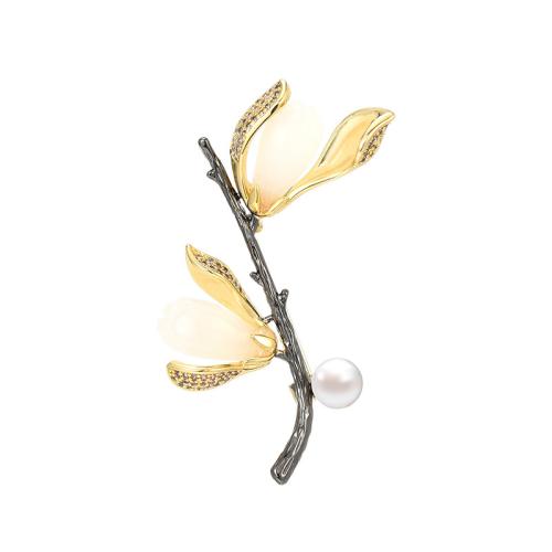 Freshwater Pearl Brooch Brass with Hetian Jade & Freshwater Pearl plated micro pave cubic zirconia & for woman golden Sold By PC