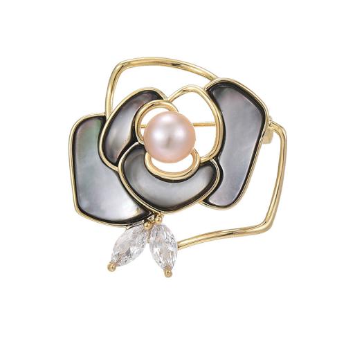 Shell Broche, Messing, met Schelp & Zoetwater Parel, plated, micro pave zirconia & voor vrouw, gouden, 32x32mm, Verkocht door PC