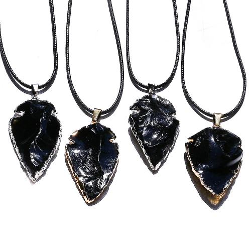 Natural Gemstone Necklace Obsidian with leather cord & Iron with 5cm extender chain arrowhead plated DIY mm Length Approx 38 cm Sold By PC